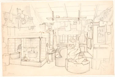 Maison paysanne suédoise avec femme cousant