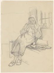 Jeune fille suédoise avec couture, assise sur un banc de fenêtre