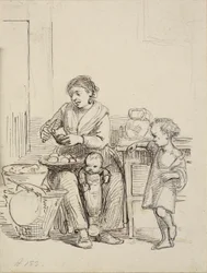 Deux enfants et une femme épluchent des pommes de terre