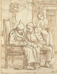 Deux hommes en conversation, le vieil homme à gauche avec un bonnet de nuit. Aussi une femme