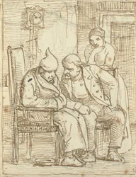 Deux hommes en conversation, le vieil homme à gauche avec un bonnet de nuit. Aussi une femme