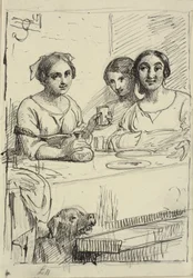 Trois filles à une table, un chien sous la table