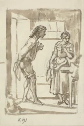 Jeune pêcheur entrant par la porte vers une jeune fille