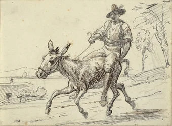 Jeune homme chevauchant un âne
