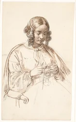 Jeune femme tricotant, demi-figure