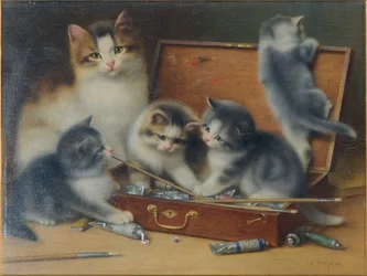 Une chatte et ses chatons jouant dans une boîte de peinture