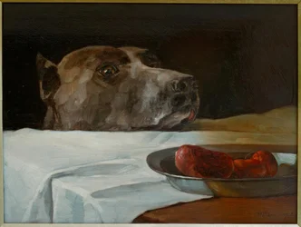 Dogge avec un plat de saucisses