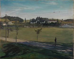 Paysage près du monastère de Seeon avec poteau télégraphique