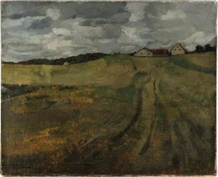 Champ de chaume avec chemin montant près de Weßling