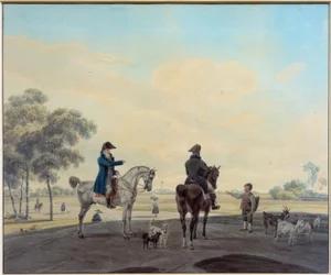Deux cavaliers devant un paysage