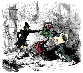 Combattre les pirates algériens Gravure tirée de "Sir Henry Morgan, Buccaneer".