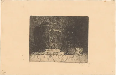 Nature morte avec pot de gingembre, verre à vin et bol