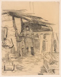 Charpentier fabriquant une charpente pour une grange