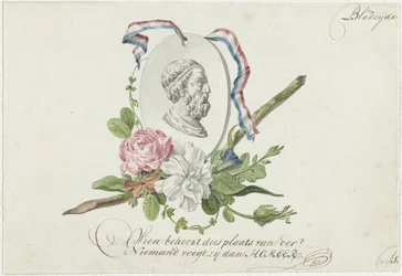 Vignette avec fleurs, médaillon de portrait et ruban