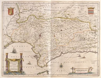 Andalousie et ville de Séville, détroit de Gibraltar, dans "Theatrum Orbis Terrarum, sive Atlas Novus" de Willem Blaeu, Amsterdam