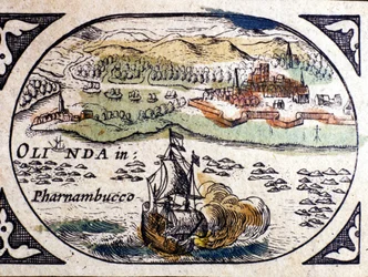 Brésil, vue de Pernambuc (Recife), Atlas de W. G. Blaeu, Amsterdam 1600.