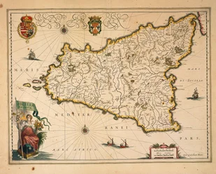 Carte de la Sicile, par Willem Blaeu, du Regionum Italiae, gravure