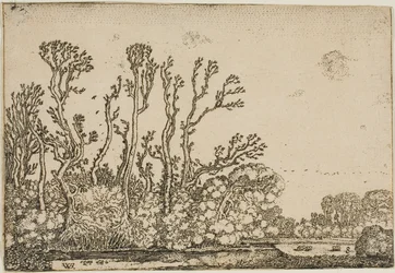 Paysage avec arbres, étang et moutons