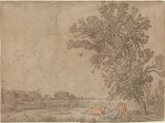 Prairie avec un Berger et des Vaches