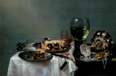 Nature morte de table du petit-déjeuner avec tarte aux mûres, peinture de Willem Claesz Heda (1594-1680), 1631, dimensions 54 x 82 cm, Collections nationales d