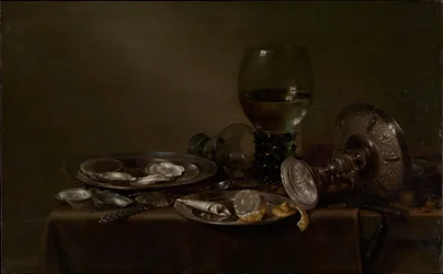 Nature morte avec huîtres, tazza en argent et verrerie