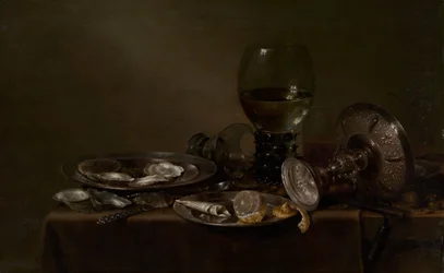 Nature morte avec huîtres, une tazza en argent et verrerie, 1635