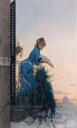 Une beauté élégante sur un balcon regardant Rome, avec le dôme de Saint-Pierre au loin