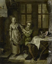 Scène galante dans un intérieur de cuisine