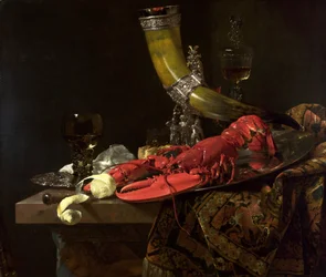 Nature morte au cor à boire de la guilde des archers de Saint-Sébastien, homard et verres, vers 1653