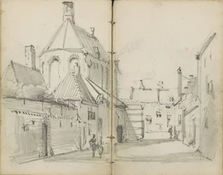 Rue de village avec une église et des figures