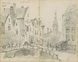 Vue de ville avec un pont sur un canal et un clocher