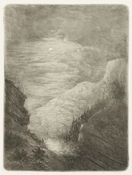 Paysage montagneux avec rivière au clair de lune