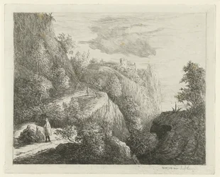 Paysage montagneux avec figures reposant au bord de la route