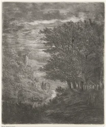 Paysage vallonné avec ruine et bateau sur l