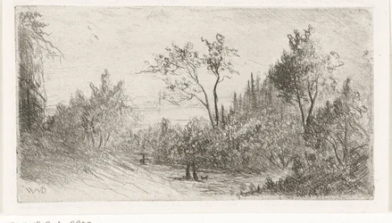 Paysage vallonné avec des promeneurs et un chien au bord de la forêt