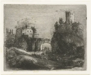 Paysage méridional avec porte et tour sur un rocher