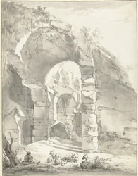 Ruine avec un berger et des moutons à gauche