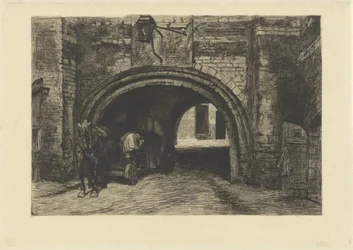 Véhicule avec cheval sous une vieille porte