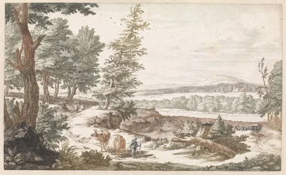 Paysage avec des ânes sur un chemin