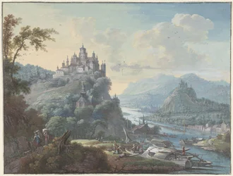 Paysage fluvial avec une ville sur une colline