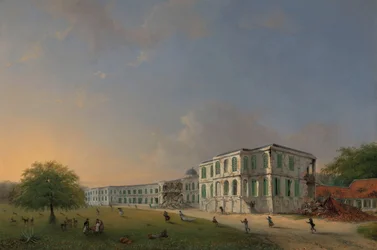 Vue de face du palais de Buitenzorg après le tremblement de terre du 10 octobre 1834