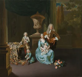 Diederik Baron van Leyden van Vlaardingen (1695-1764). Bourgmestre de Leyde, avec sa femme Sophia Dina de Rovere et leurs fils Pieter, Jan et Adriaan Pompejus