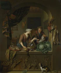 Femme et poissonnier dans la cuisine. 1713