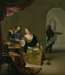 Le Luth Négligé Une Dame avec un Luth Prenant du Vin dans un Intérieur Riche