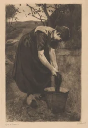 Fermière lavant du linge dans un seau