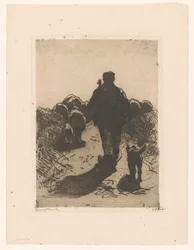 Berger avec chien derrière son troupeau