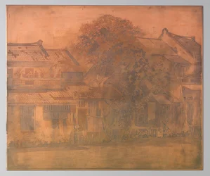 Batavia. Maisons au bord de la rivière avec des arbres entre elles