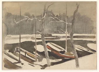 Bateaux amarrés sur un canal enneigé