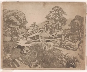 Maisons à Bogor devant les volcans Salak et Gede