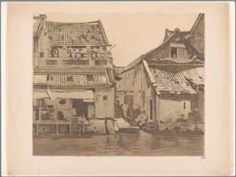 Deux figures près de maisons au bord d
